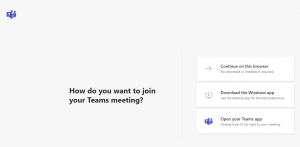 A screenshot of the webpage that opens with join choices for a Teams meeting