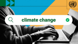 Picture of a person typing on a laptop and the words Climate Change are above