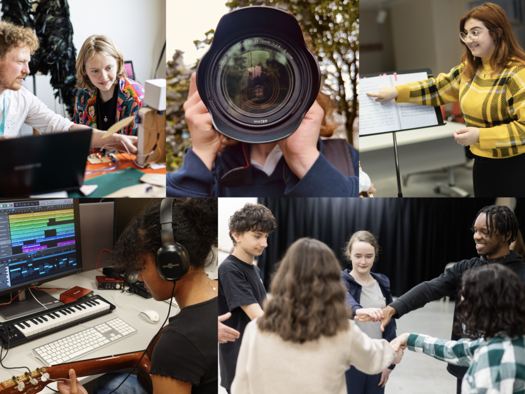 A collage of images of young people doing production and performing arts