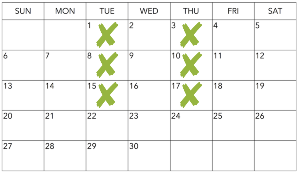 Calendar showing the 1st, 3rd, 8th, 10th, 15th and 17th of November highlighted