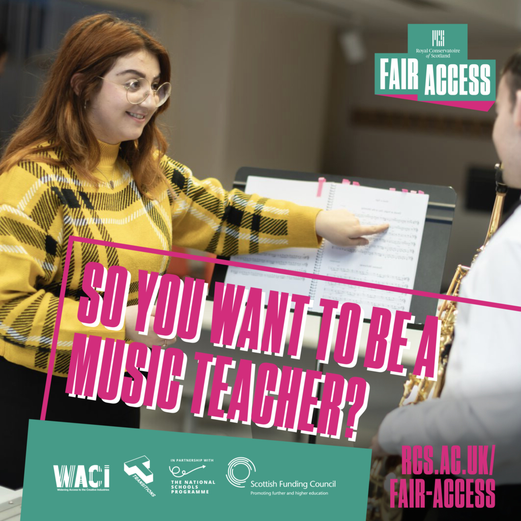 Young woman pointing to sheet music next to a student saying 'So you want to be a music teachers'?
