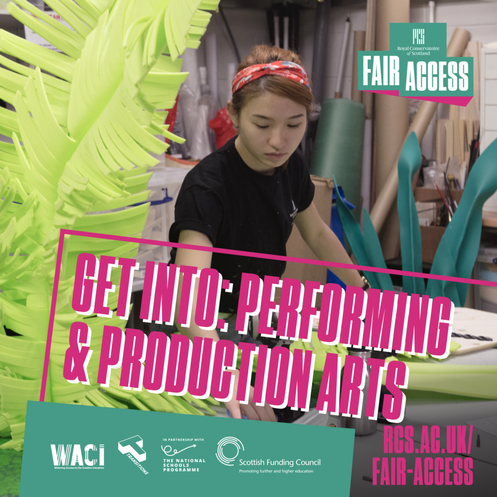 Young woman making stage props and words 'Get Into Performing and Production Arts'