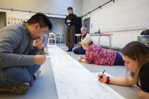 Five people writing on long piece on paper on the floor